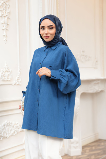 Women's Sleeve Tie Shirt Navy Blue