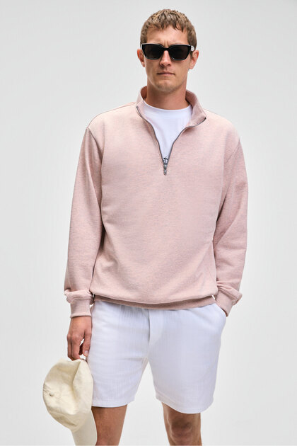 Nestor Men's Relaxed Fit Stand Collar Half Zipper Long Sleeve Pink Melange Sweatshirt
