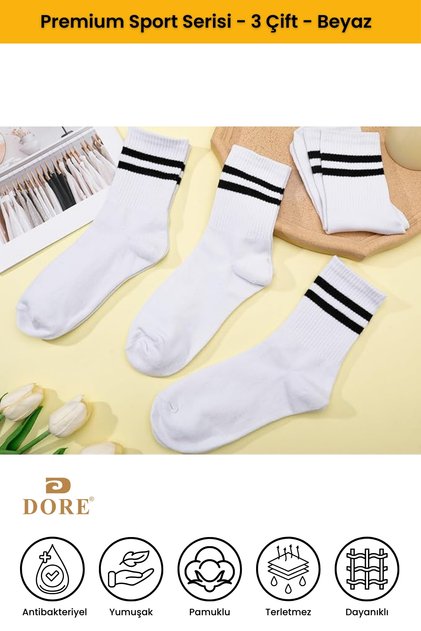 Orijinal Unisex 3 Çift Premium Pamuklu 4 Mevsim Rahat Günlük Konfor Modeli İki Çizgili Düz Renk Ter Emici & Nefes Alan Esnek Topuk Burun Takviyeli Uzun Konç Soket Tenis Kolej Spor Çorap - Beyaz