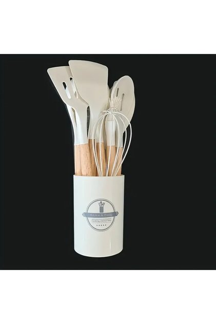 12pcs white 12pcs Set of Multi-color Silicone Wooden Handle Kitchenware Set Non Stick Pot S