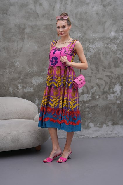 Midi Length Square Collar Hawaiian Pattern Sleeveless Viscose Dress