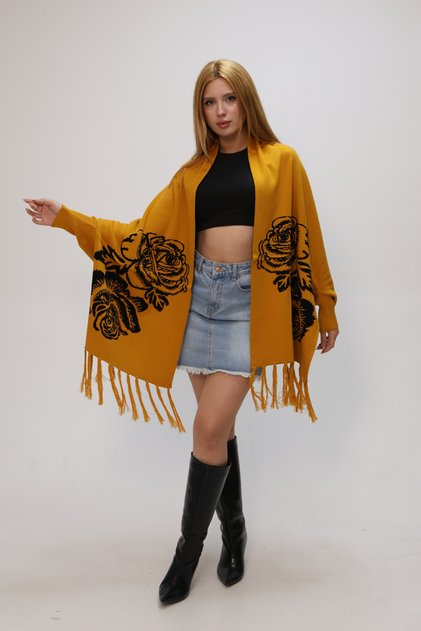 U Shawl Collar Long Sleeve Rose Flower Pattern Double-Sided Skirt Tassel Ankle Elastic Seasonal Knitwear Shawl
