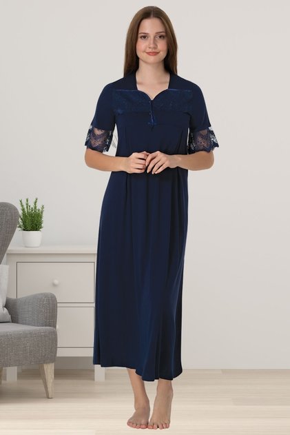 Effortt Navy Blue Lace Short Sleeve Maternity Nightgown
