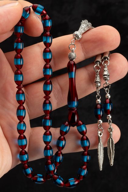 Men's Barley Cut Claret Red Blue Vernier Powder Amber Prayer Beads