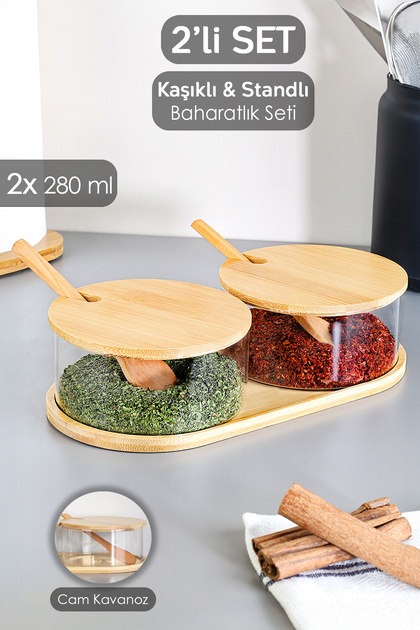 Set of 2 Glass Spice Shakers with Bamboo Lids - Salt Shaker Pepper Shaker Spice Set with Bamboo Spoon Stand 280 ml