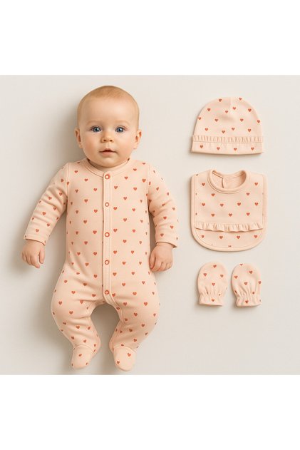 Baby Girl Ribbed French Hat with Scalloped Apron Jumpsuit and Gloves