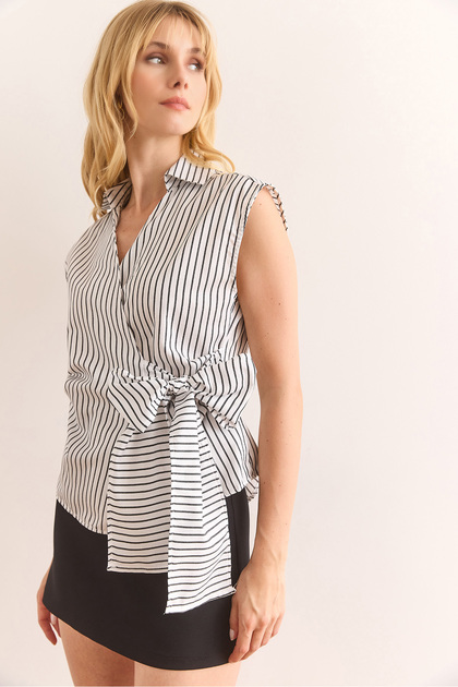 Women White Shirt Collar Side Tie Striped Cotton Blouse Blz-19002976