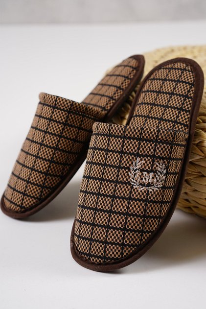 Men's House Slippers Square Patterned Brown