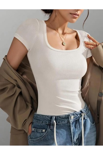 Square Neck Short Sleeve Cotton Twill White Blouse