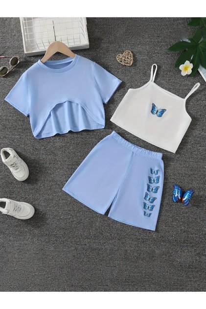 Girl's Blue Butterfly Printed Crop T-Shirt - Shorts Set