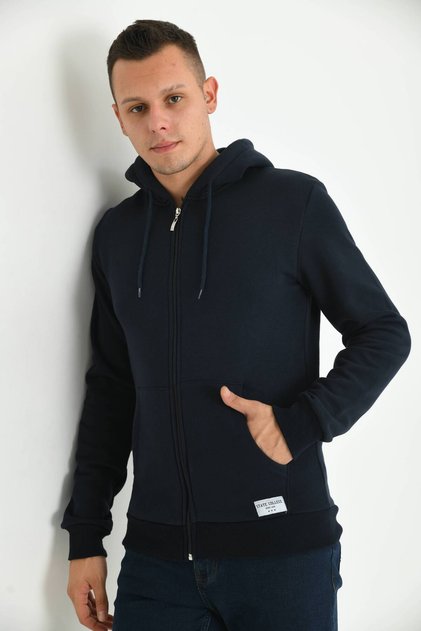Navy Blue Sweatshirt with Hoodie and Kangaroo Pocket Detail
