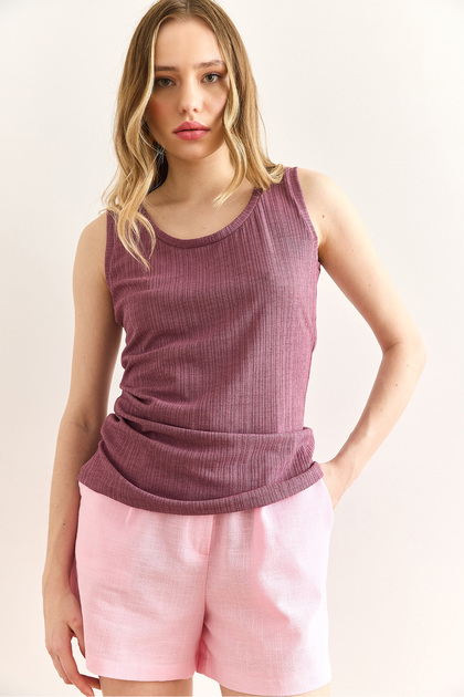 Women's Dusty Rose U-Neck Ribbed Textured Blouse Blz-19003004
