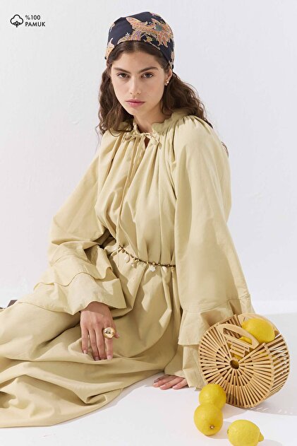 Hooopstore Volan Sleeve Voile Butter Yellow Dress- Trendyol
