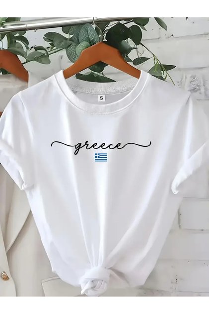 Women's White Greece Handwritten Printed Oversize T-Shirt