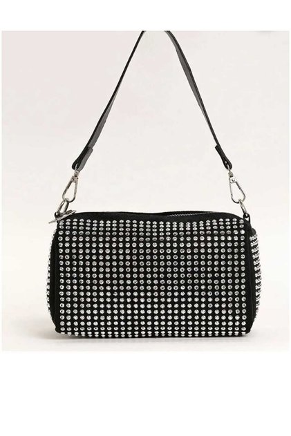 Women's Stoned Mini Chain Detailed Viral Handbag and Shoulder Bag with Strap - Black