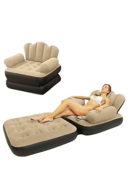 Fotoliu Gonflabil Macvi® XL 2 in 1 Portabil, Interior/Exterior, Camping/Plaja, 100x88x90 cm, Maro