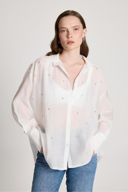 Oversize Stone Detailed Tencel Fabric White Shirt 29111