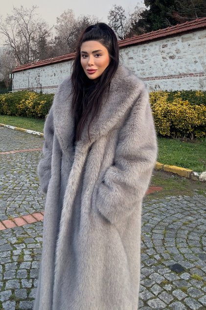 Premium Şal Yaka Mob Wife Suni Kürk Maxi Kadın Kaban