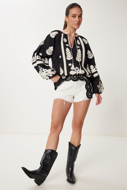 Bestickte Oversize-Webbluse SCHWARZ LES0022