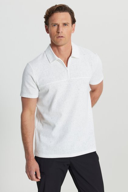 Men's Ecru Cotton Slim Fit Slim Fit Polo Neck Jacquard Stretch T-Shirt