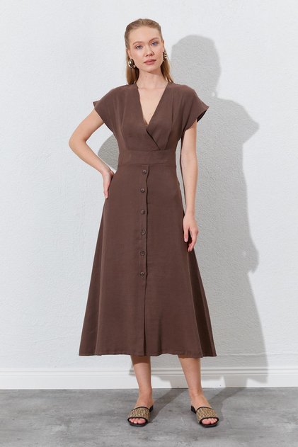 Women's Brown Double-Breasted Collar Skirt Buttoned Modal Dress