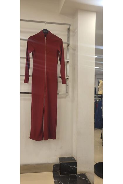 MZR Collection Kadın Ottoman Kumaş Toparlayıcı Önü Full Fermuarlı Dik Yaka Uzun Kol Kalem Elbise