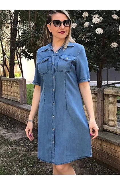 Button Down Plus Size Jean Shirt Women Plus Size Blue Denim Shirt With  Waist Pleats