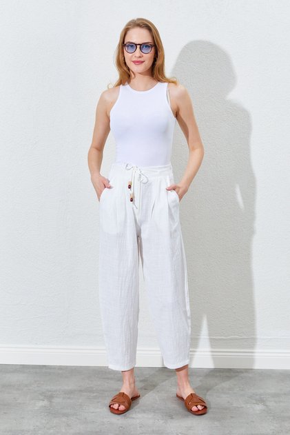 Elastic Waist Carrot Cut Linen Trousers - Ecru | Ek100661931