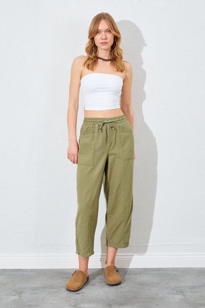 Square Pocket Front Stitched Relaxed Fit Trousers - Khaki | Ek10066133