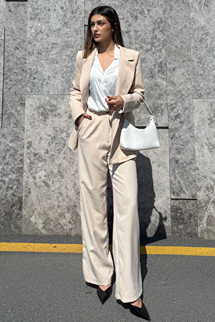 VAGGON Women's Beige Blazer Jacket and Pants Suit V00034-A- Trendyol