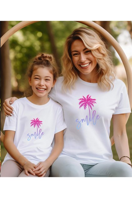 Smile Printed Mother and Daughter Combination T-Shirt (Single Product, Add 2 Pieces to the Basket for the Combination)