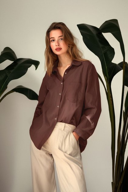 Brown Single Pocketed Boyfriend/Loose Fit Woven Shirt TWOAW20GO0115