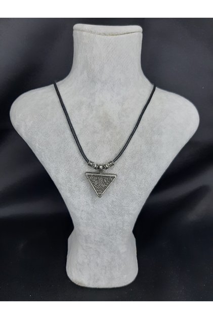 Ottoman Tughra Triangle Necklace - Antique Silver Color - Adjustable Leather Rope