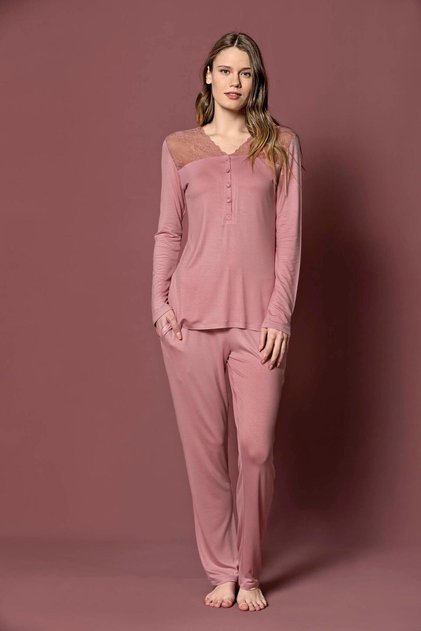 Pajama Set with Lace Collar and Shoulder Detail and Buttoned Front
