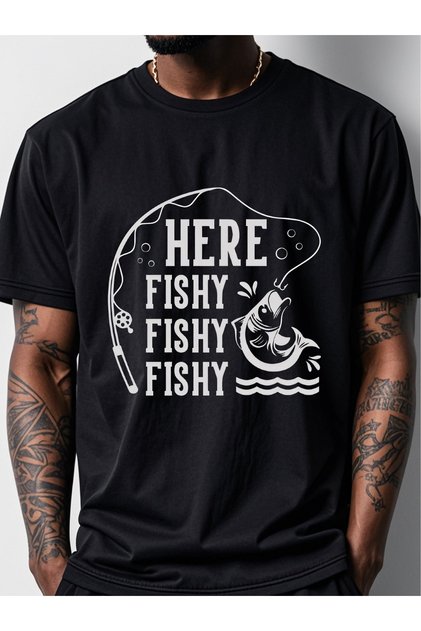 Duhovita B Štampano majica za ribolovce - "Here Fishy Fishy" dizajn teksta