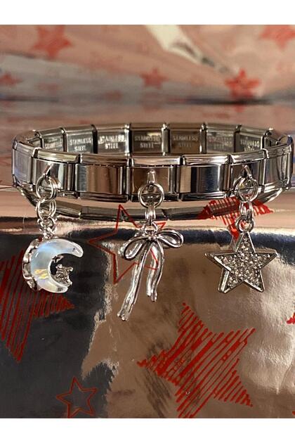 bijoux uniques Ay&Yıldız&Kurdele Figürlü 3lü Çelik İtalyan Charm