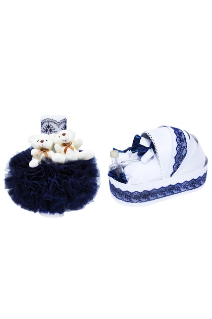 Set complet botez, lumanare si trusou, alb-bleumarin, 7 piese, REC375