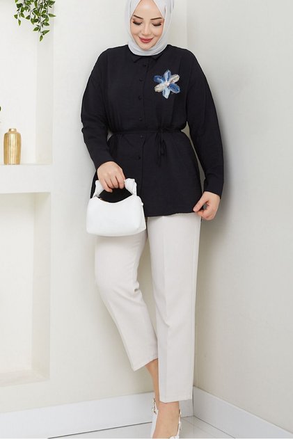 Women's Floral Detailed Buttoned Mobile Belted Hijab Shirt