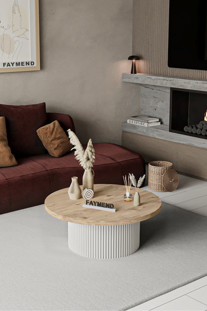 KOOKY Modern Yuvarlak Beyaz - Meşe Ahşap Orta Sehpa '70cm'