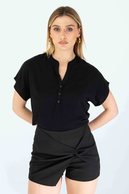 Women's Half Sleeve Viscose Half Placket Black Shirt