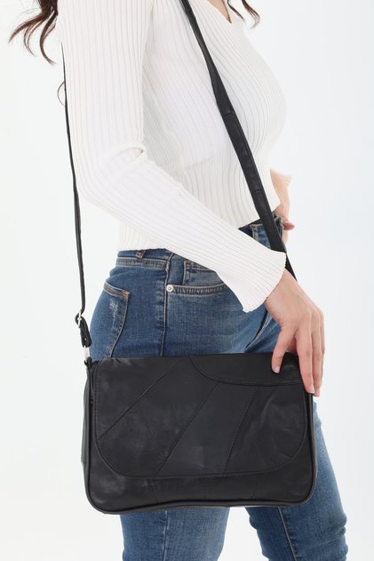 Women's Genuine Leather Medium Size Black Leaf Model Crossbody Bag