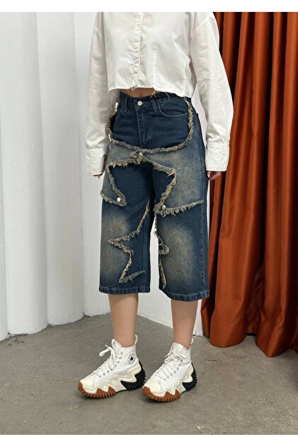 KOTOLOG Büyük Yıldızlı Unisex Y2K Baggy Kapri Şort Jean - Fiyatı
