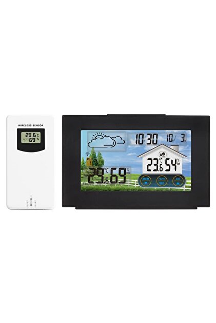 Stație meteo wireless cu senzor exterior, temperatură și umiditate, prognoză meteo, calendar, ecran tactil LCD