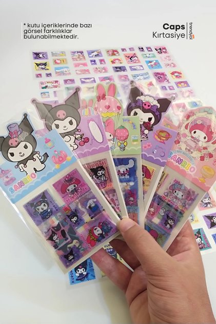 Sanrio Temalı 5 Sayfa Pul Görünümlü Holografik Sticker Seti – Kuromi, My Melody Mektup Çıkartma
