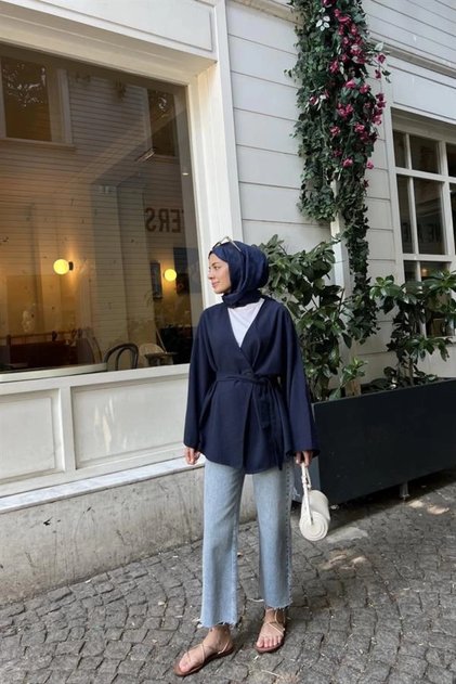 Navy Blue Buttoned Belted Linen Kimono - 005