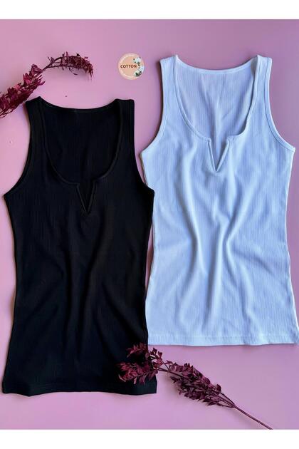 Luniva 2-Pack Black and White Color Women's Tank Top | V-Neck, Cotton, Summer Stylish Ribbed Blouse