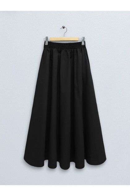 Fusta evazată din poplin, cu talie elastică, buzunare duble, lungime maxi, stil hijab - Negru