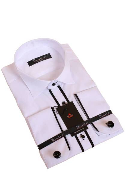 White and Black Slim Fit Tuxedo Shirt - Double Bias, Groom's Ankle Collar, Cufflinks - 003