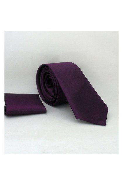 Cravată din satin de culoare solidă, mov închis, slim fit, cu batistă - Ss-21