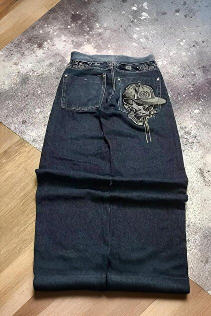 Baggy Arka Cep Nakış Detay Skull Salaş Kot Pantolon